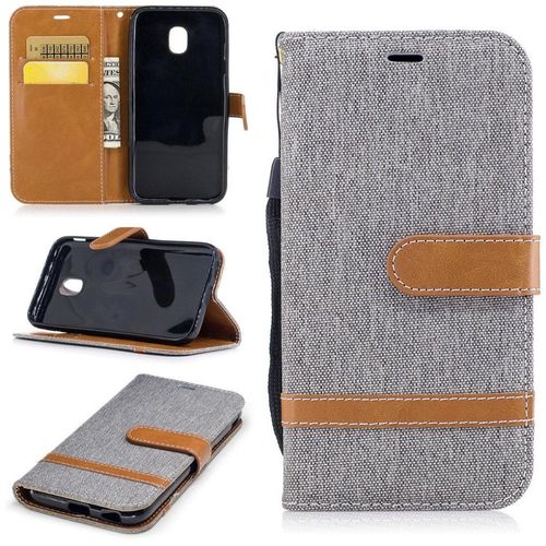 Saturcase Premium Jeans Style Denim Et Pu Cuir Magnétique Flip Portefeuille Support Porte-Carte Protecteur Case Cover Coque Housse Étui Avec Dragonne Pour Samsung Galaxy J3 (2017) Sm-J330f (Gris)