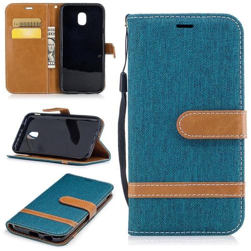 Saturcase Premium Jeans Style Denim Et Pu Cuir Magnétique Flip Portefeuille Support Porte-Carte Protecteur Case Cover Coque Housse Étui Avec Dragonne Pour Samsung Galaxy J3 (2017) Sm-J330f (Vert)