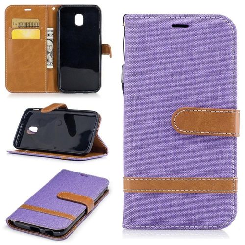 Saturcase Premium Jeans Style Denim Et Pu Cuir Magnétique Flip Portefeuille Support Porte-Carte Protecteur Case Cover Coque Housse Étui Avec Dragonne Pour Samsung Galaxy J3 (2017) Sm-J330f (Violet)