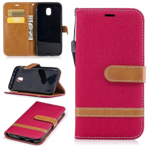 Saturcase Premium Jeans Style Denim Et Pu Cuir Magnétique Flip Portefeuille Support Porte-Carte Protecteur Case Cover Coque Housse Étui Avec Dragonne Pour Samsung Galaxy J3 (2017) Sm-J330f (Rouge)