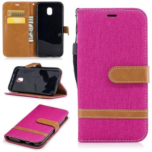 Saturcase Premium Jeans Style Denim Et Pu Cuir Magnétique Flip Portefeuille Support Porte-Carte Protecteur Case Cover Coque Housse Étui Avec Dragonne Pour Samsung Galaxy J3 (2017) Sm-J330f (Rose)