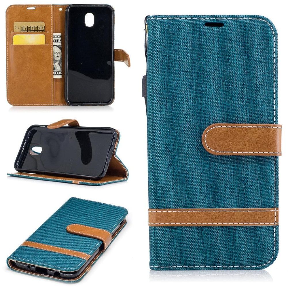 Saturcase Premium Jeans Style Denim Et Pu Cuir Magnétique Flip Portefeuille Support Porte-Carte Protecteur Case Cover Coque Housse Étui Avec Dragonne Pour Samsung Galaxy J5 (2017) Sm-J530f (Vert)