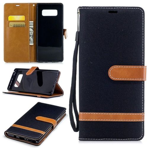 Saturcase Premium Jeans Style Denim Et Pu Cuir Magnétique Flip Portefeuille Support Porte-Carte Protecteur Case Cover Coque Housse Étui Avec Dragonne Pour Samsung Galaxy Note 8 (Noir)