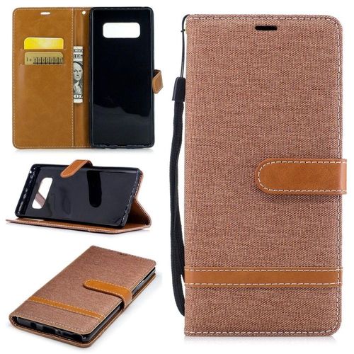 Saturcase Premium Jeans Style Denim Et Pu Cuir Magnétique Flip Portefeuille Support Porte-Carte Protecteur Case Cover Coque Housse Étui Avec Dragonne Pour Samsung Galaxy Note 8 (Brun)