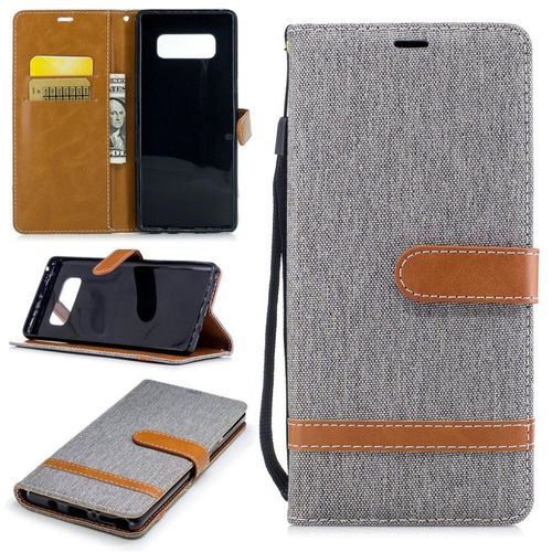 Saturcase Premium Jeans Style Denim Et Pu Cuir Magnétique Flip Portefeuille Support Porte-Carte Protecteur Case Cover Coque Housse Étui Avec Dragonne Pour Samsung Galaxy Note 8 (Gris)