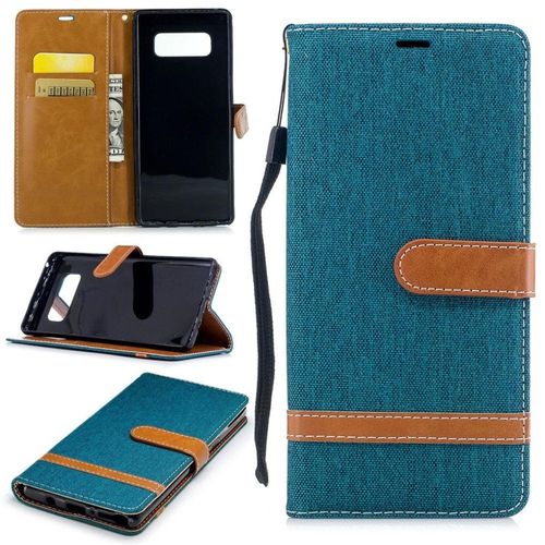Saturcase Premium Jeans Style Denim Et Pu Cuir Magnétique Flip Portefeuille Support Porte-Carte Protecteur Case Cover Coque Housse Étui Avec Dragonne Pour Samsung Galaxy Note 8 (Vert)