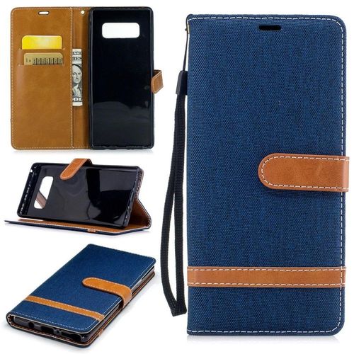 Saturcase Premium Jeans Style Denim Et Pu Cuir Magnétique Flip Portefeuille Support Porte-Carte Protecteur Case Cover Coque Housse Étui Avec Dragonne Pour Samsung Galaxy Note 8 (Marine)