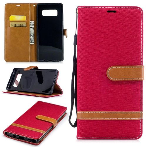Saturcase Premium Jeans Style Denim Et Pu Cuir Magnétique Flip Portefeuille Support Porte-Carte Protecteur Case Cover Coque Housse Étui Avec Dragonne Pour Samsung Galaxy Note 8 (Rouge)