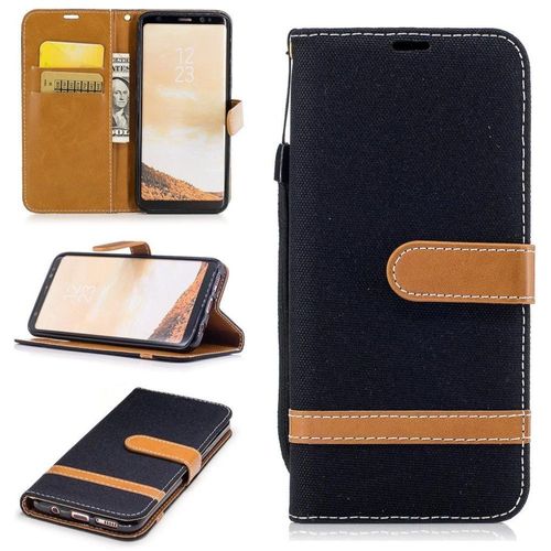 Saturcase Premium Jeans Style Denim Et Pu Cuir Magnétique Flip Portefeuille Support Porte-Carte Protecteur Case Cover Coque Housse Étui Avec Dragonne Pour Samsung Galaxy S8 (Noir)