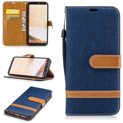 Saturcase Premium Jeans Style Denim Et Pu Cuir Magnétique Flip Portefeuille Support Porte-Carte Protecteur Case Cover Coque Housse Étui Avec Dragonne Pour Samsung Galaxy S8 (Marine)
