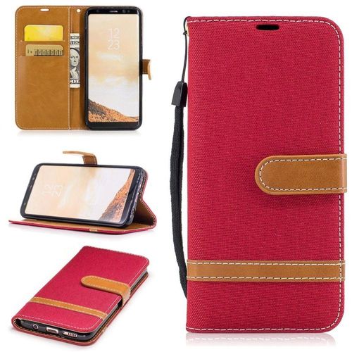 Saturcase Premium Jeans Style Denim Et Pu Cuir Magnétique Flip Portefeuille Support Porte-Carte Protecteur Case Cover Coque Housse Étui Avec Dragonne Pour Samsung Galaxy S8 (Rouge)
