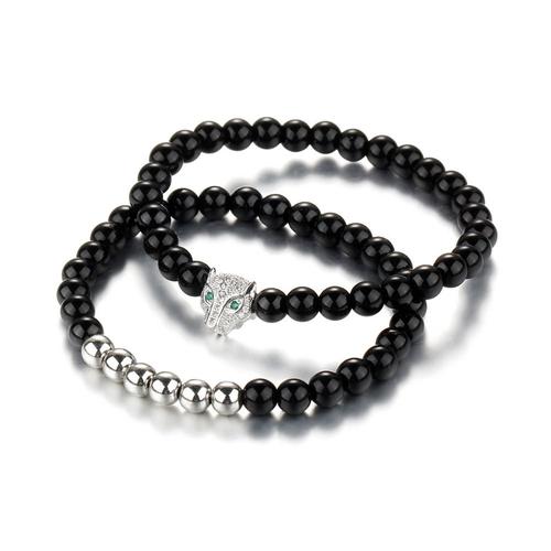 Double Bracelet Homme - Femme Stretch En Pierres Onyx Et Tête De Panthère Argentée - Blue Pearls Bps 0960 Y Unique