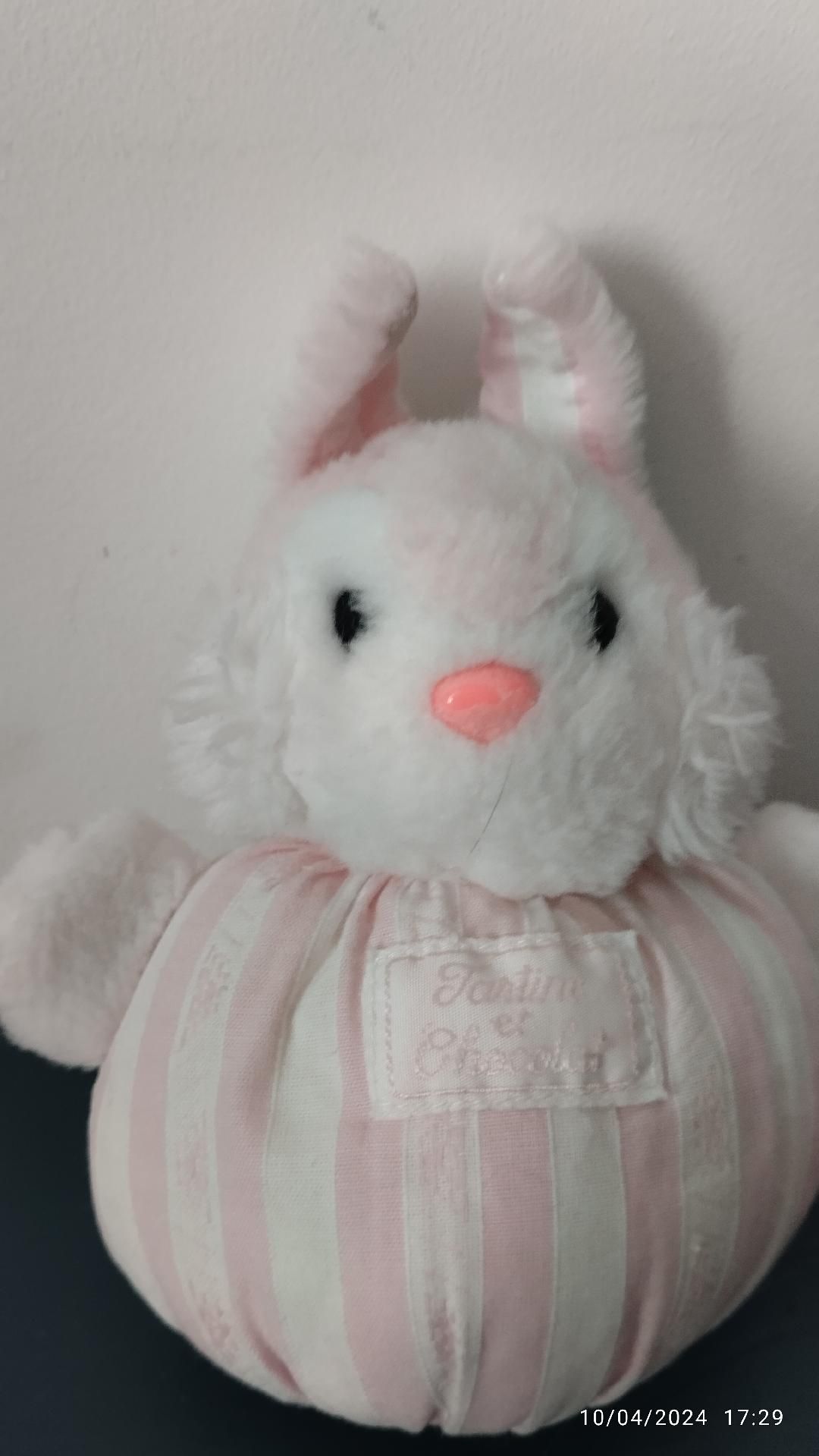 C2/ Doudou Lapin Boule Tartine Et Chocolat Blanc Rayé Rose Vintage