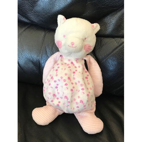 Doudou Chat Blanc Rose Fleurs Tcf Tout Compte Fait 27cm