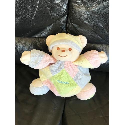 Doudou Peluche Ours Blanc Boule Patchwork Pastel Rose Vert Jaune Bleu Takinou 30 Cm