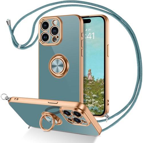 Coque Iphone 15 Pro Cordon Avec Anneau Rotatif Protection Camera Souple Fine Doublure Microfibre Coque Bague Avec Corde Bandouliere Reglable Pour Iphone 15 Pro Or Gris Vert