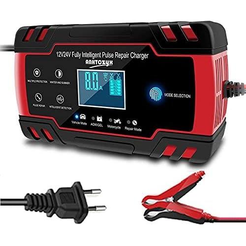 Chargeur Batterie Voitures,Chargeur Batterie 12v Chargeur de batterie de voiture 12/2 4V 8A Écran tactile Réparation d'impulsions d'alimentation rapide Remplacement de l'acide sec humide Affichage num