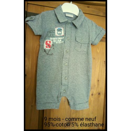Gigoteuse Barboteuse Grenouillère Pour Bébé - Taille 9 Mois - Col Polo - Vêtement Grise Gris Enfant Bebe Mixte Garçon Garcon Ou Fille - Vetement Comme Neuf
