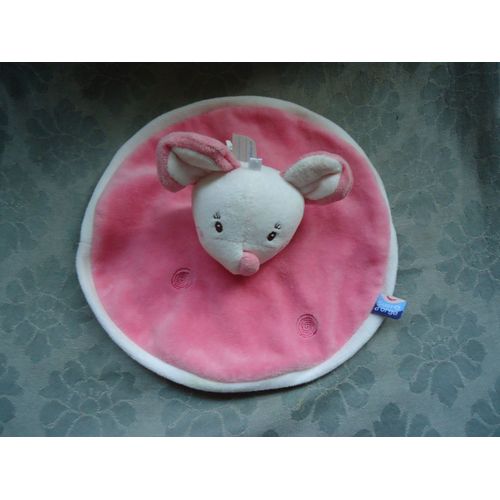Souris Doudou Plat En Peluche Rond Blanc Et Rose 21 Cm Sucre D'orge