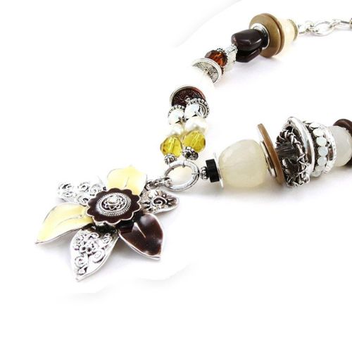 Collier Créateur "Douchka" Beige Marron
