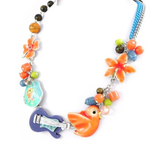 Collier Créateur "Rossignol" Bleu Orange