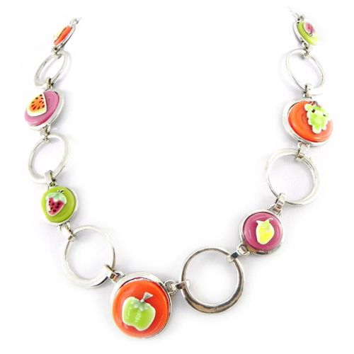 Collier Sautoir Créateur "Salade De Fruits" Orange Violet Vert