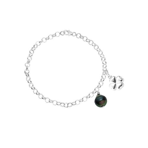 Bracelet Femme Perle De Tahiti Noire Et Trèfle Argent 925/1000 - Blue Pearls Bps K125 W Unique