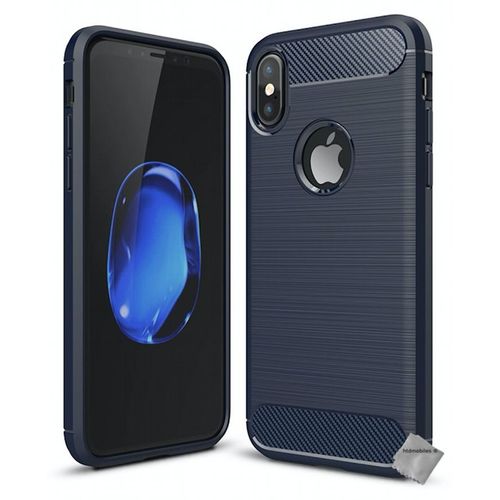 Housse Etui Coque Silicone Gel Carbone Pour Apple Iphone X + Film Ecran - Bleu Fonce