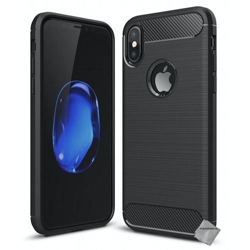 Housse Etui Coque Silicone Gel Carbone Pour Apple Iphone X + Verre Trempe - Noir