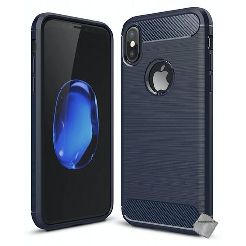 Housse Etui Coque Silicone Gel Carbone Pour Apple Iphone X + Verre Trempe - Bleu Fonce