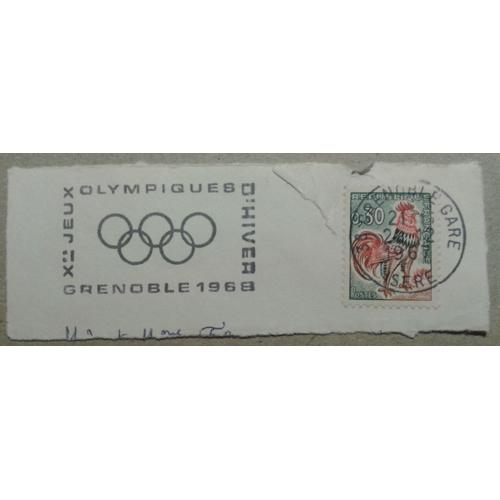 Timbre France 1965 Yvert Et Tellier N°1331a Coq Décaris Oblitéré "Jeux Olympiques D'hiver Grenoble 1968" 1967 Sur Coin D'enveloppe