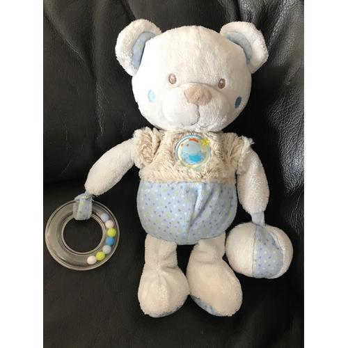 Mots D'enfants Doudou Ours Blanc Poil Beige Corps Bleu Eveil Poule Étoile 24cm