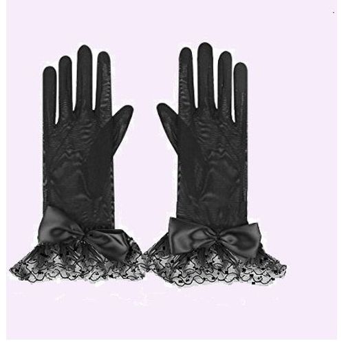 Gants Noir De Soiree Mariage En Voile Tulle Souple Noeud Satin Volants Longueur Au Poignet En Dentelle Avec Noeud Papillon Froufrou Fibre Élastique 20 Cm Doigts Standart Ceremonie Fete Sophistique Gl