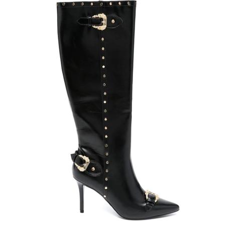 Bottes Hautes Versace Jeans Couture En Simili Cuir Avec Clous Et Boucle Baroque Or Noir