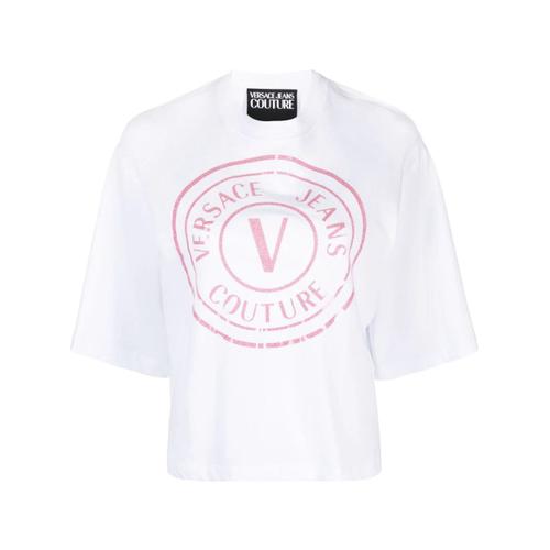 Versace Jeans Couture T-Shirt À Manches Courtes Avec Logo Emblème V Blanc Rose