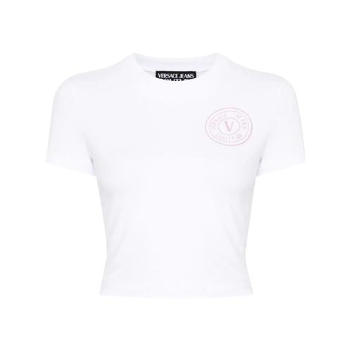 Versace Jeans Couture T-Shirt Court À Manches Courtes Avec Logo Pailleté Blanc