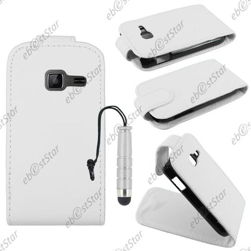 Ebeststar ® Pour Samsung Wave Y S5380 - Housse Coque Etui Simili Cuir À Rabat Vertical + Mini Stylet, Couleur Blanc [Dimensions Precises De Votre Appareil : , Écran 0'']