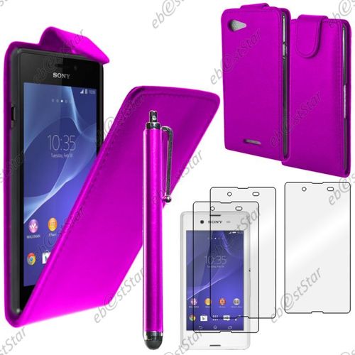 Ebeststar ® Pour Sony Xperia E3 D2203 - Housse Coque Etui Simili Cuir À Rabat Vertical + Stylet + 3 Film Écran, Couleur Violet [Dimensions Precises De Votre Appareil : 146 X 72 X 7.3 Mm, Écran 5.2'']