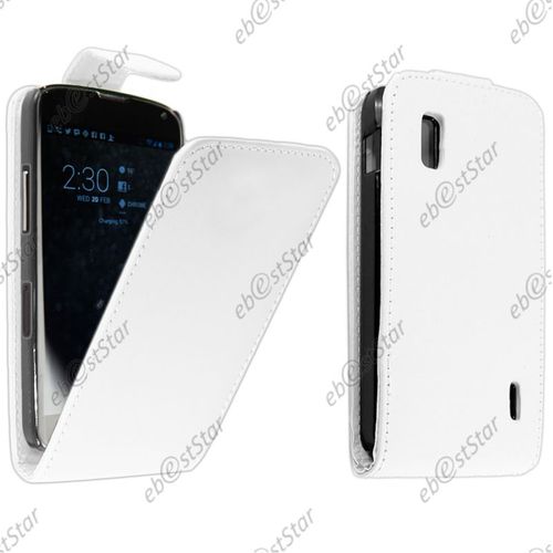 Ebeststar ® Pour Lg Nexus 4 E960 - Housse Coque Etui Simili Cuir À Rabat Vertical, Couleur Blanc [Dimensions Precises De Votre Appareil : 133.9 X 68.7 X 9.1 Mm, Écran 4.7'']