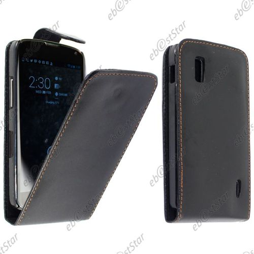 Ebeststar ® Pour Lg Nexus 4 E960 - Housse Coque Etui Simili Cuir À Rabat Vertical, Couleur Noir [Dimensions Precises De Votre Appareil : 133.9 X 68.7 X 9.1 Mm, Écran 4.7'']