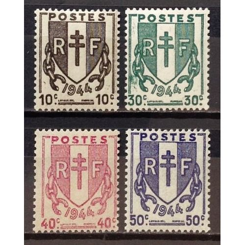 Série Chaînes Brisées 10c Brun (N° 670) + 30c Vert (N° 671) + 40c Rose (N° 672) + 50c Violet (N° 673) Neufs** Luxe - France Année 1945 - N18660