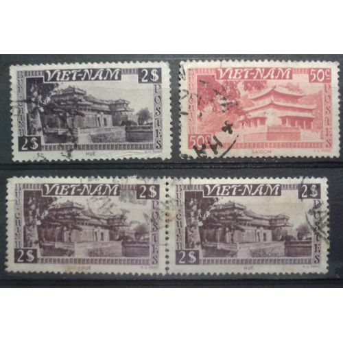 4 Timbres Vietnam 1951 Yvert Et Tellier N°4 Saïgon, N°8 Hué (Paire Horizontale + 1) Oblitérés