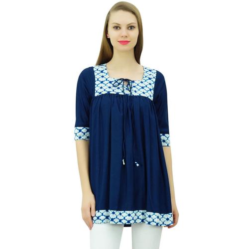 Bimba Femme Modèle Ordinaire Doudoune Décontractée Tunique Style Ethnique 3/4 Manches Court Kurti Top, Bleu