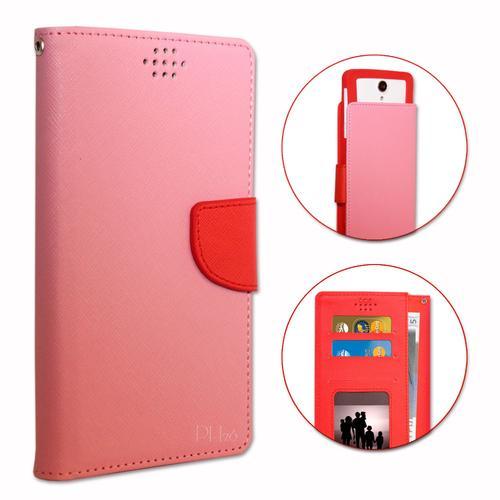 Xiaomi Redmi Note 3 Pro Etui Housse Folio Rose Et Rouge Façon Cuir Texturé Avec Porte Cartes Et Surpiqûres Apparentes By Ph26®