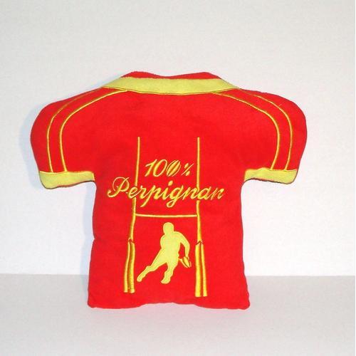 Peluche Maillot De Rugby 100% Perpignan Coussin Rouge Jaune 36 Cm