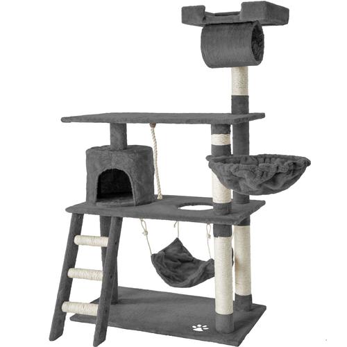 Tectake Arbre À Chat 141 Cm Marcel Griffoir + 1 Cabane + 1 Corde De Jeu + 1 Hamac Gris