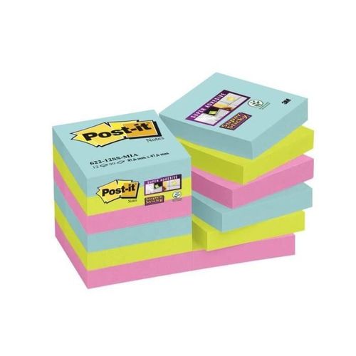 Post-It 12 Blocs Notes Super Sticky - Collection Miami - 47.6 X 47.6 Mm
