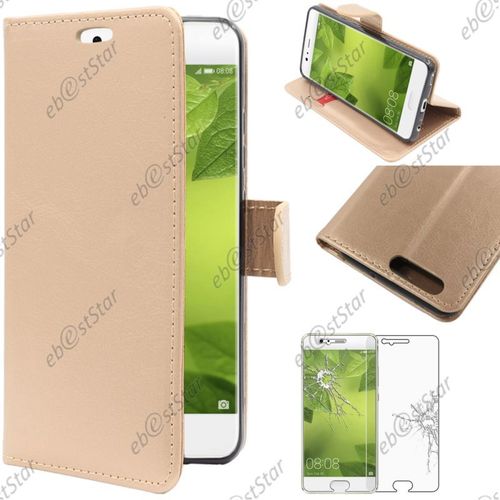 Ebeststar ® Pour Huawei P10 - Housse Coque Etui Portefeuille Support Folio Simi Cuir + Film Protection Écran En Verre Trempé, Couleur Or / Doré [Note Importante Lire Description]