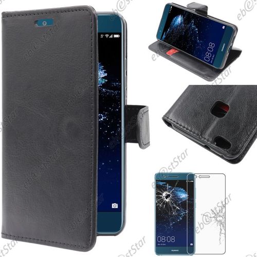Ebeststar ® Pour Huawei P10 Lite - Housse Coque Etui Portefeuille Support Folio Simi Cuir + Film Protection Écran En Verre Trempé, Couleur Noir [Note Importante Lire Description]