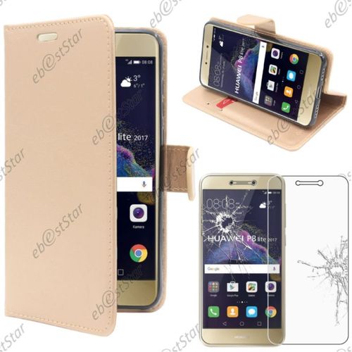 Ebeststar ® Pour Huawei P8 Lite (2017) - Housse Coque Etui Portefeuille Support Folio Simi Cuir + Film Protection Écran En Verre Trempé, Couleur Or / Doré [Note Importante Lire Description]